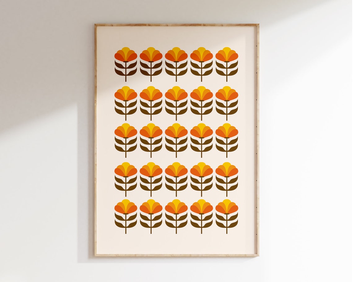 Retro Orange Flower Grid Mid Century Modern Botanical Art Poster