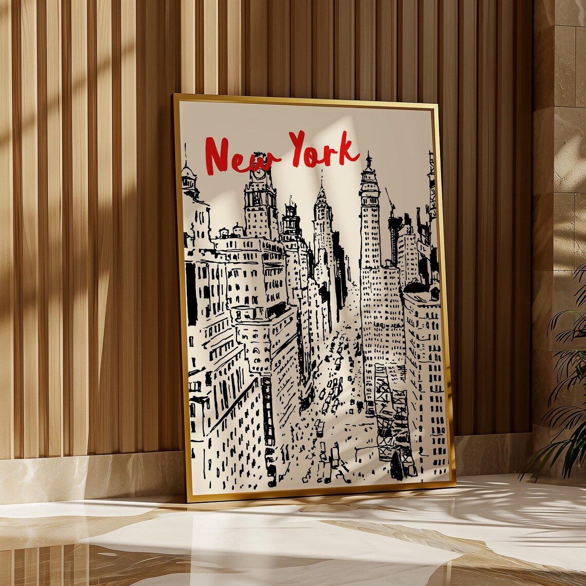 New York Black Manhattan Skyline Hand Drawn Vintage Travel Poster - Image 3