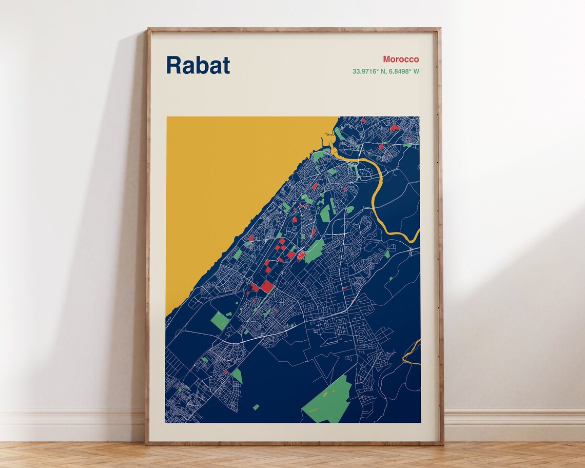 Rabat Morocco Navy Gold City Map Modern Minimal Travel Poster