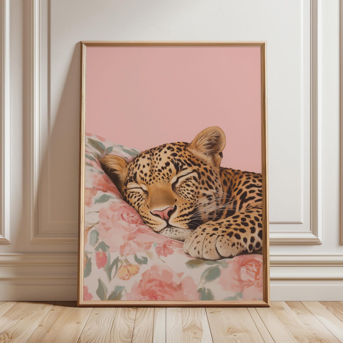 Sleeping Leopard Cub Resting On Floral Pillow Pink Bedroom Poster