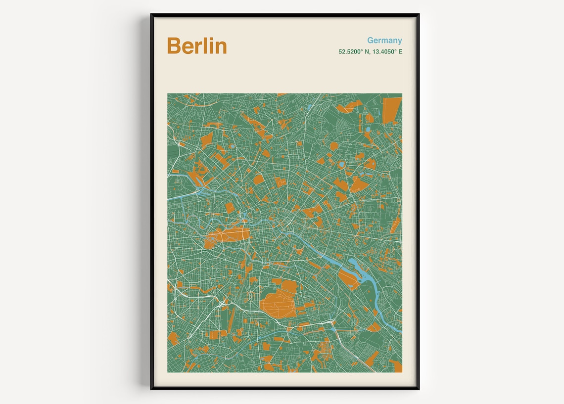 Berlin Travel Poster, Mid-Century Inspired Map
