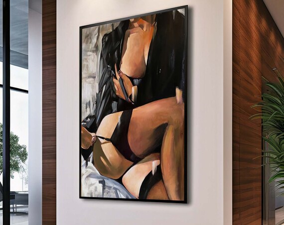 Sensual Woman Black Lingerie Oil Painting Intimate Boudoir Art Poster