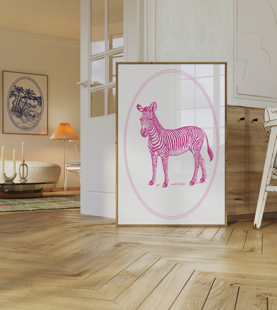 Pink Line Art Zebra Standing in Oval Frame Minimalist Art Poster - Image 2