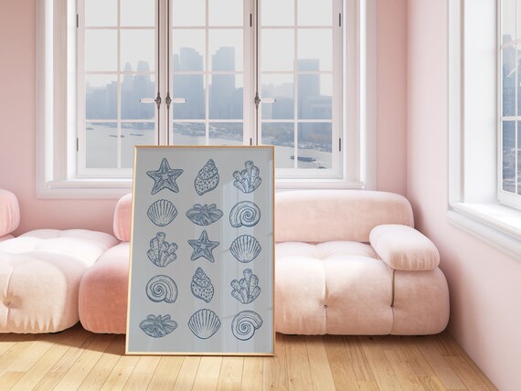 Blue Seashell Sketch Grid Coastal Beach House Typography Poster