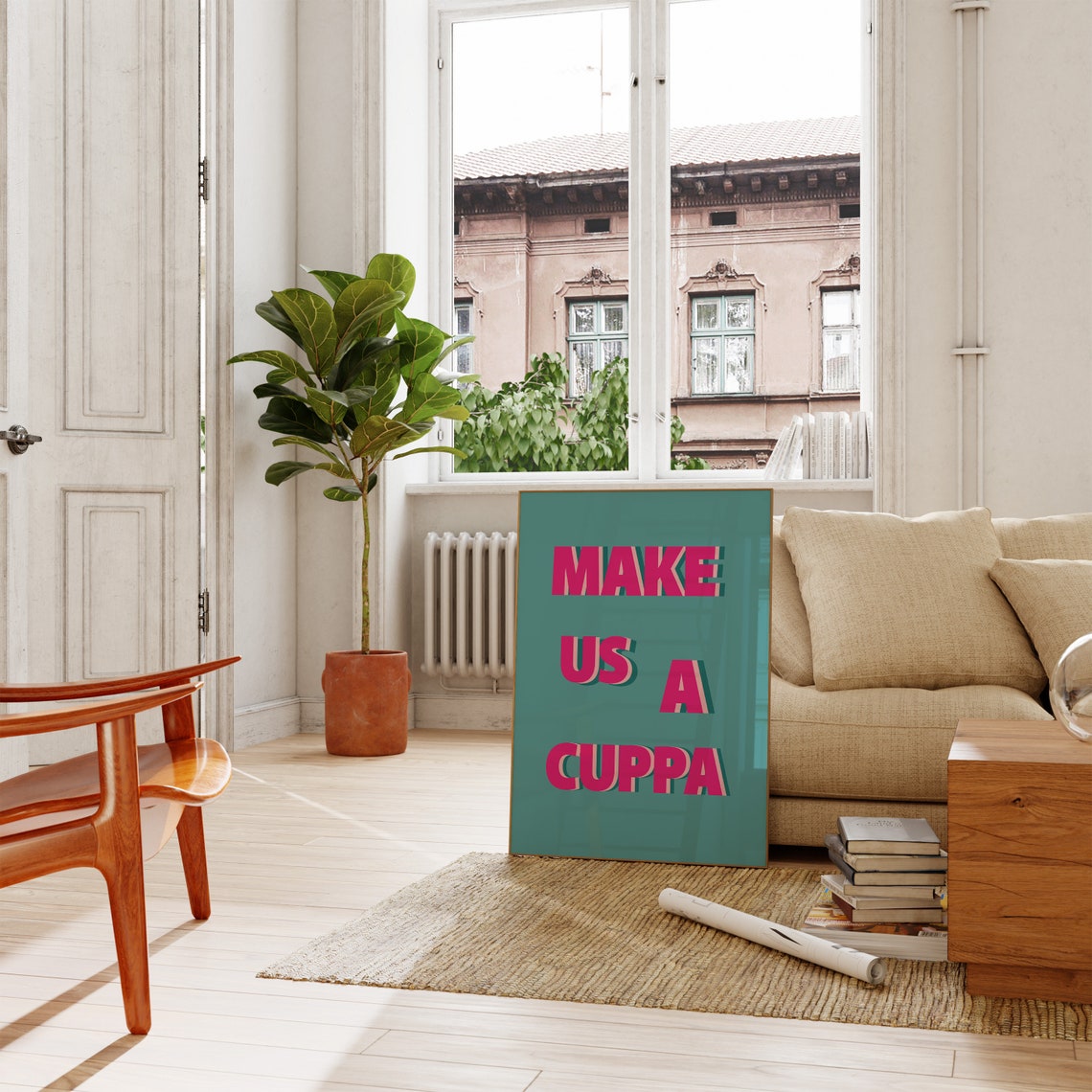 Make Us A Cuppa Hot Pink Block Letters On Teal Kitchen Poster - Image 3