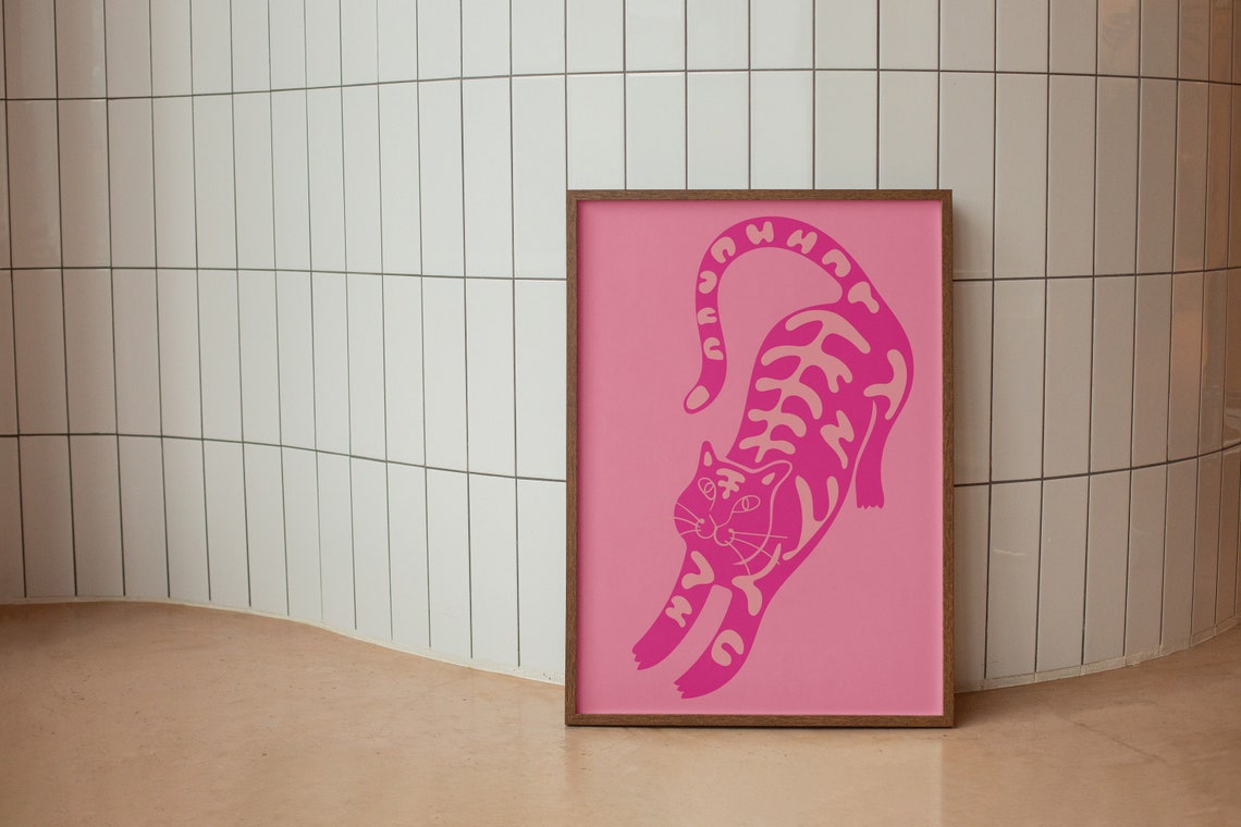 Pink Stretching Tiger Bold Magenta Maximalist Dopamine Art Poster - Image 2