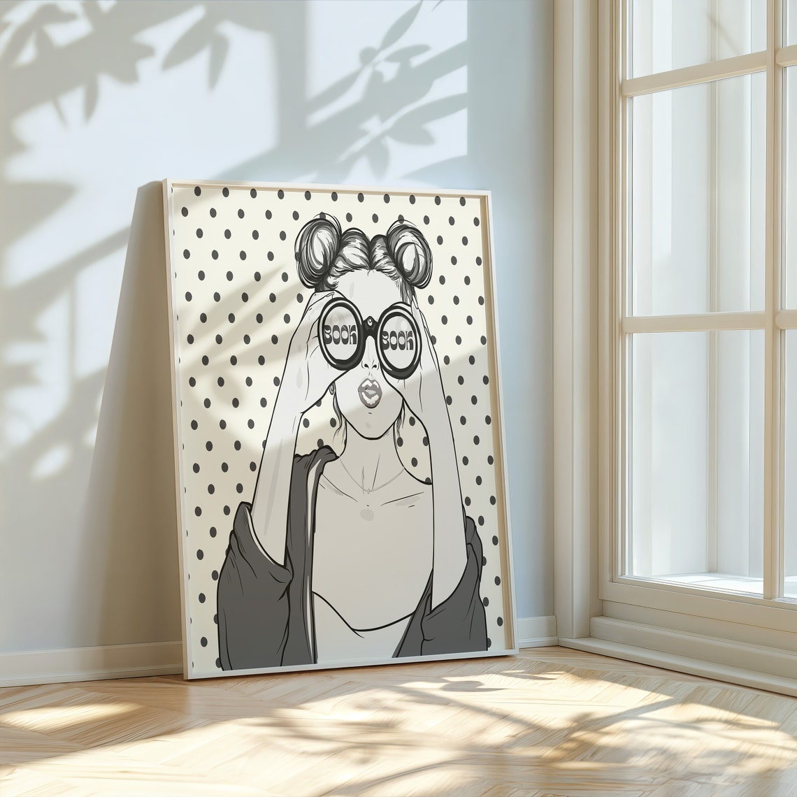 Book Lover Black And White Woman Binoculars Polka Dot Poster - Image 2