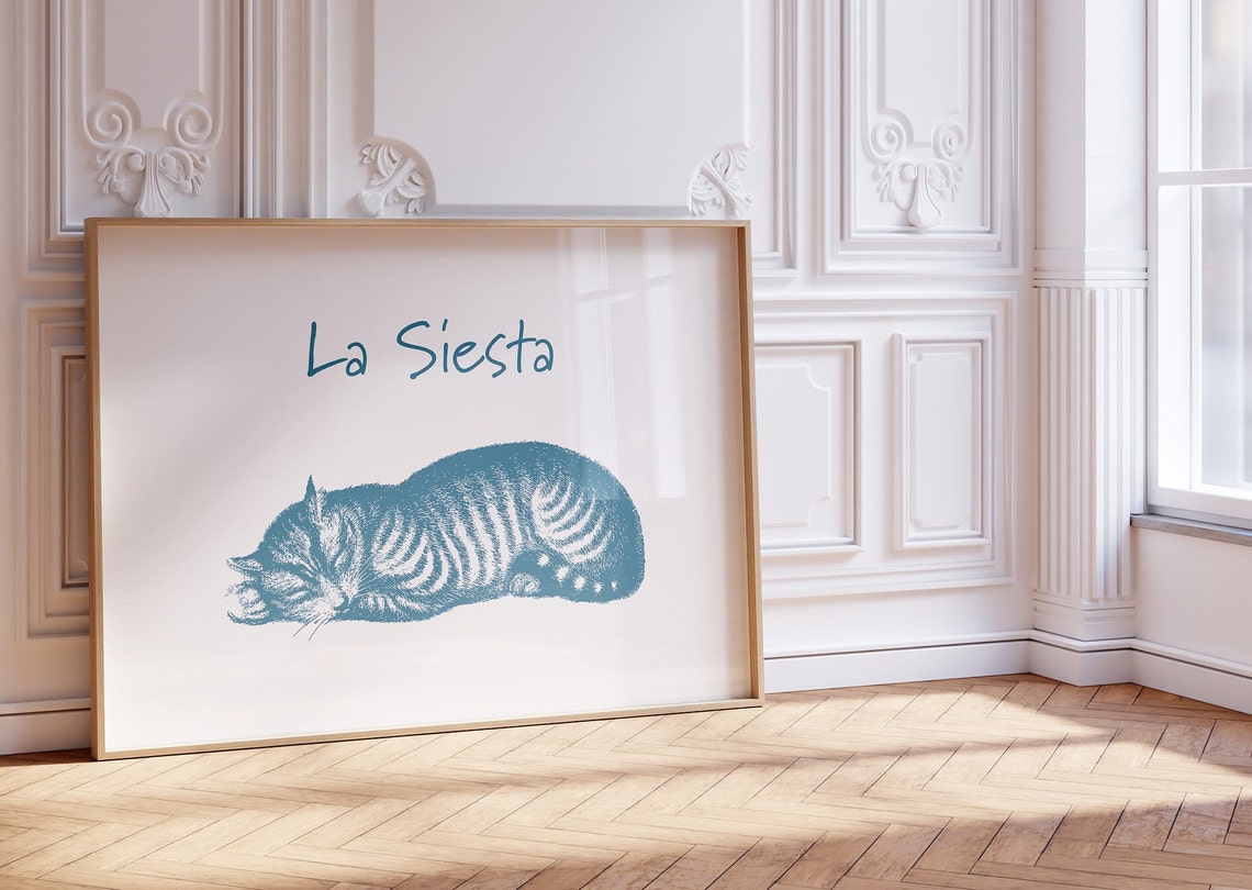 La Siesta Sleeping Cat Blue Vintage Funny Cat Illustration Poster - Image 3