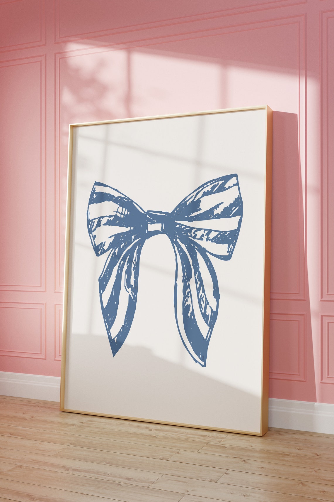 Blue Hand Drawn Hair Bow Coquette Style Cream Decor Art Poster - Image 3