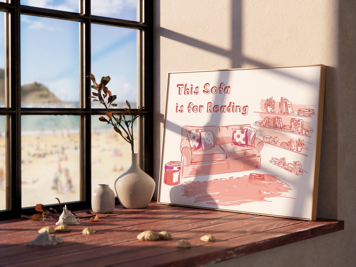 This Sofa Is For Reading Cozy Red And White Book Nook Poster - Image 2