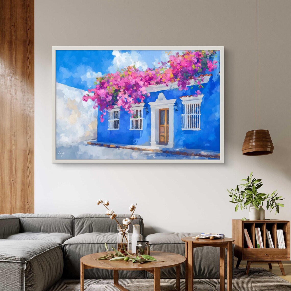 Cobalt Blue Colombian Colonial House With Bougainvillea Street Poster - Image 3