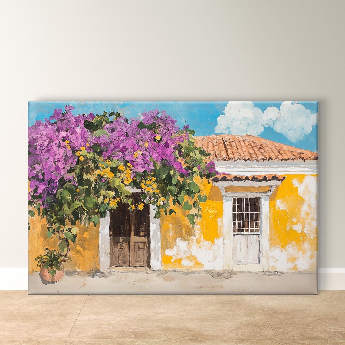 Yellow Colonial House Purple Bougainvillea Tropical Art Poster