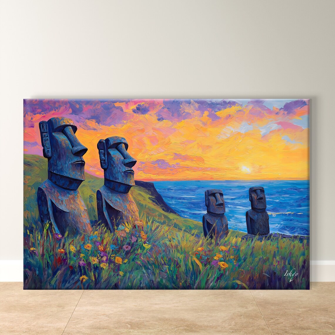 Easter Island Moai Statues at Sunset Over Ocean and Wildflowers Poster