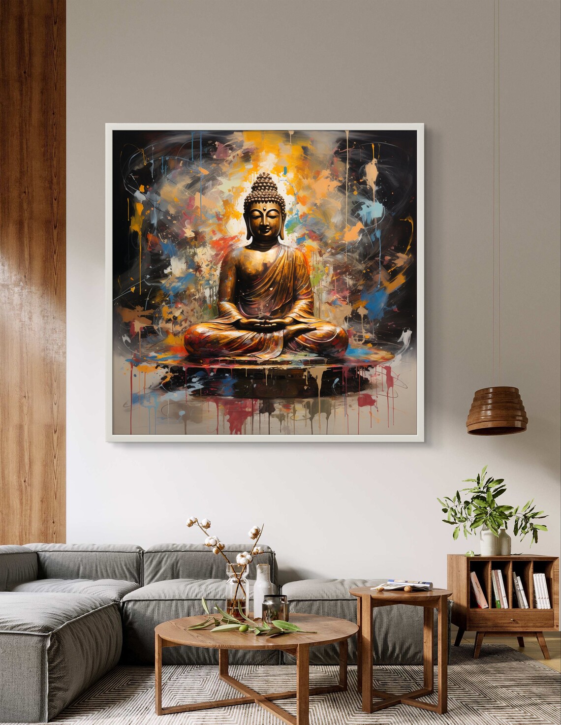 Golden Meditating Buddha Amid Vibrant Paint Splashes Spiritual Poster - Image 3