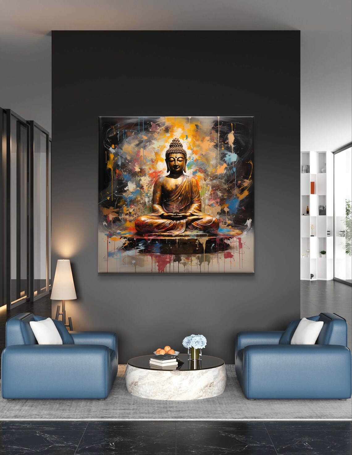 Golden Meditating Buddha Amid Vibrant Paint Splashes Spiritual Poster - Image 4