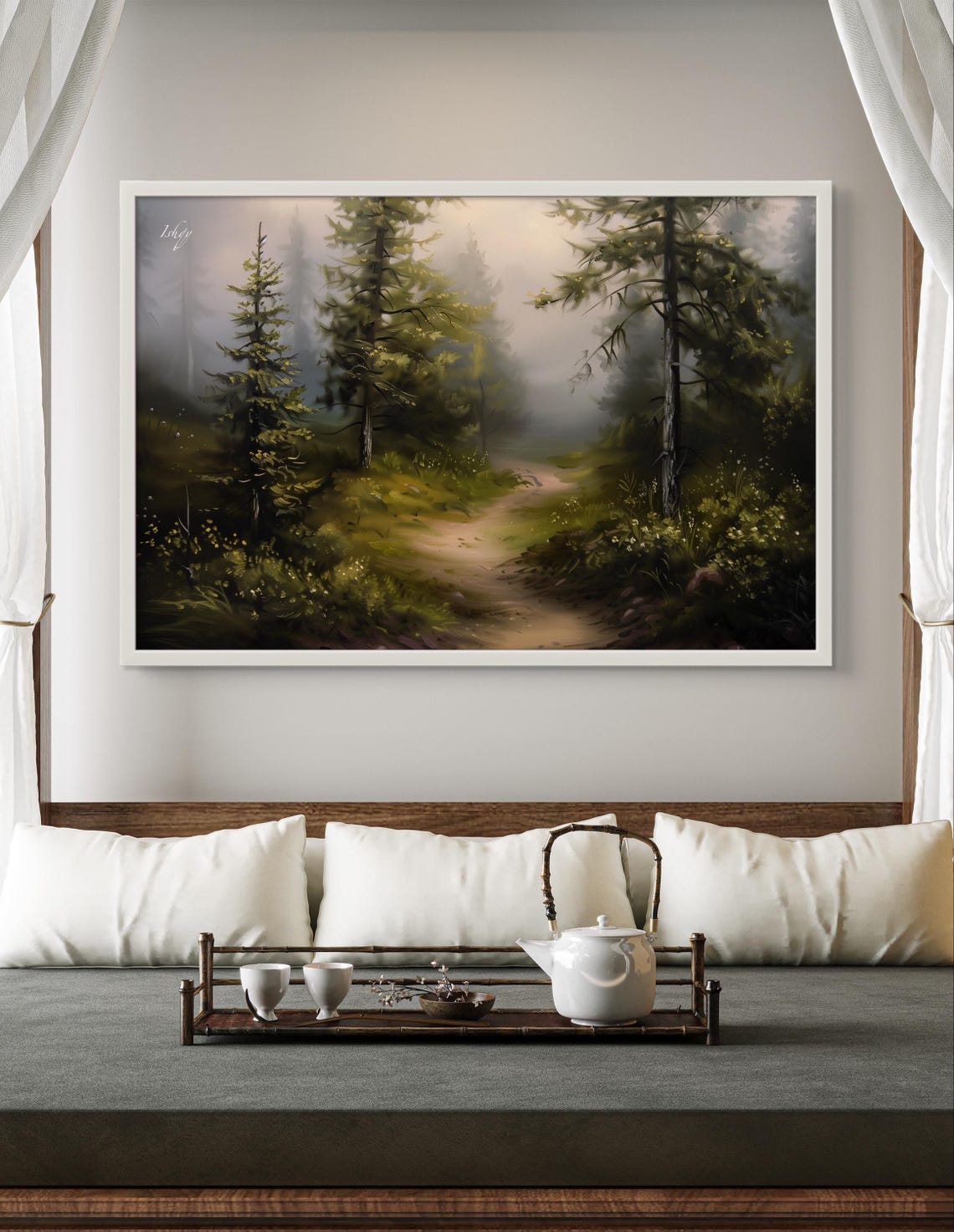 Foggy Evergreen Forest Path Serene Misty Morning Walk Poster - Image 3
