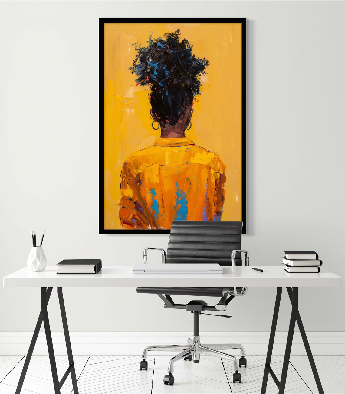 Afro Girl with High Puff Hairstyle on Golden Yellow Art Poster - Image 3