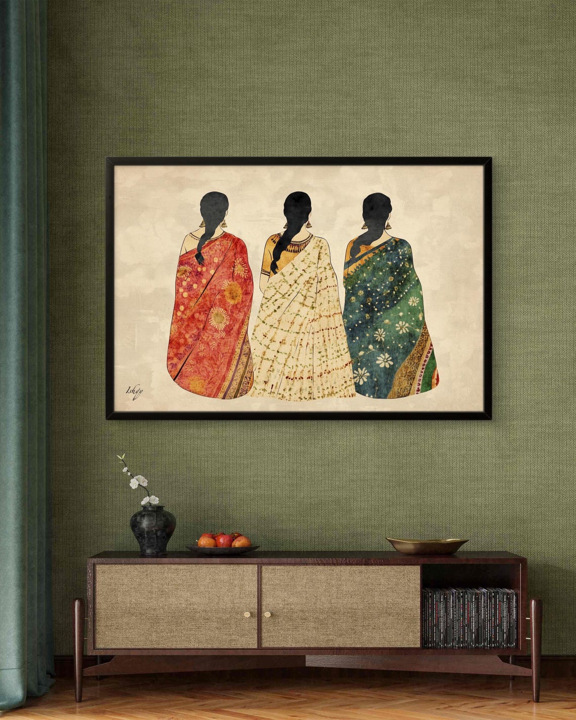 Three Graceful Women in Sarees Back View Indian Heritage Art Poster - Image 3