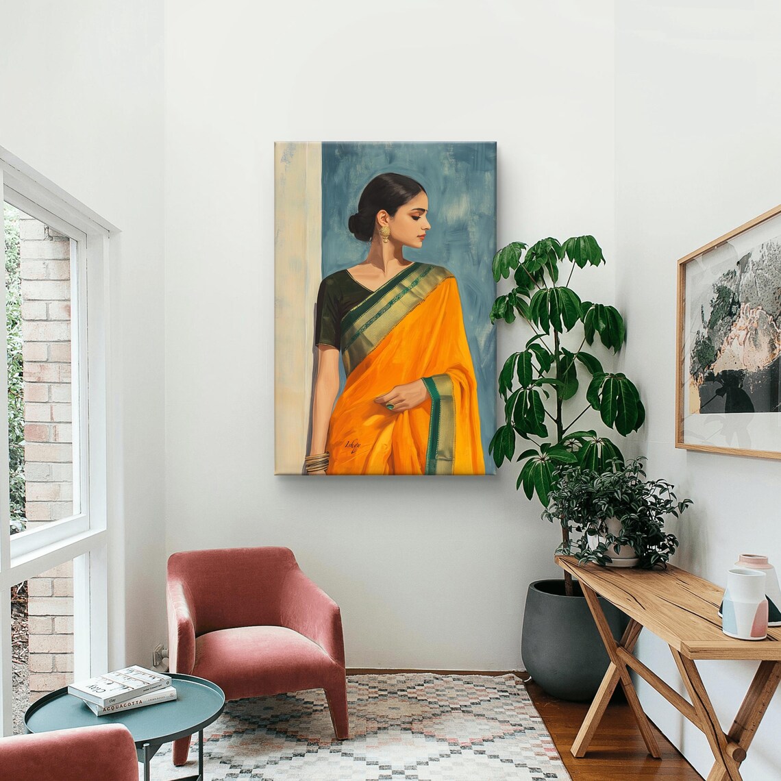 Elegant Indian Woman in Orange Saree Cultural Portrait Painting Poster - Image 4