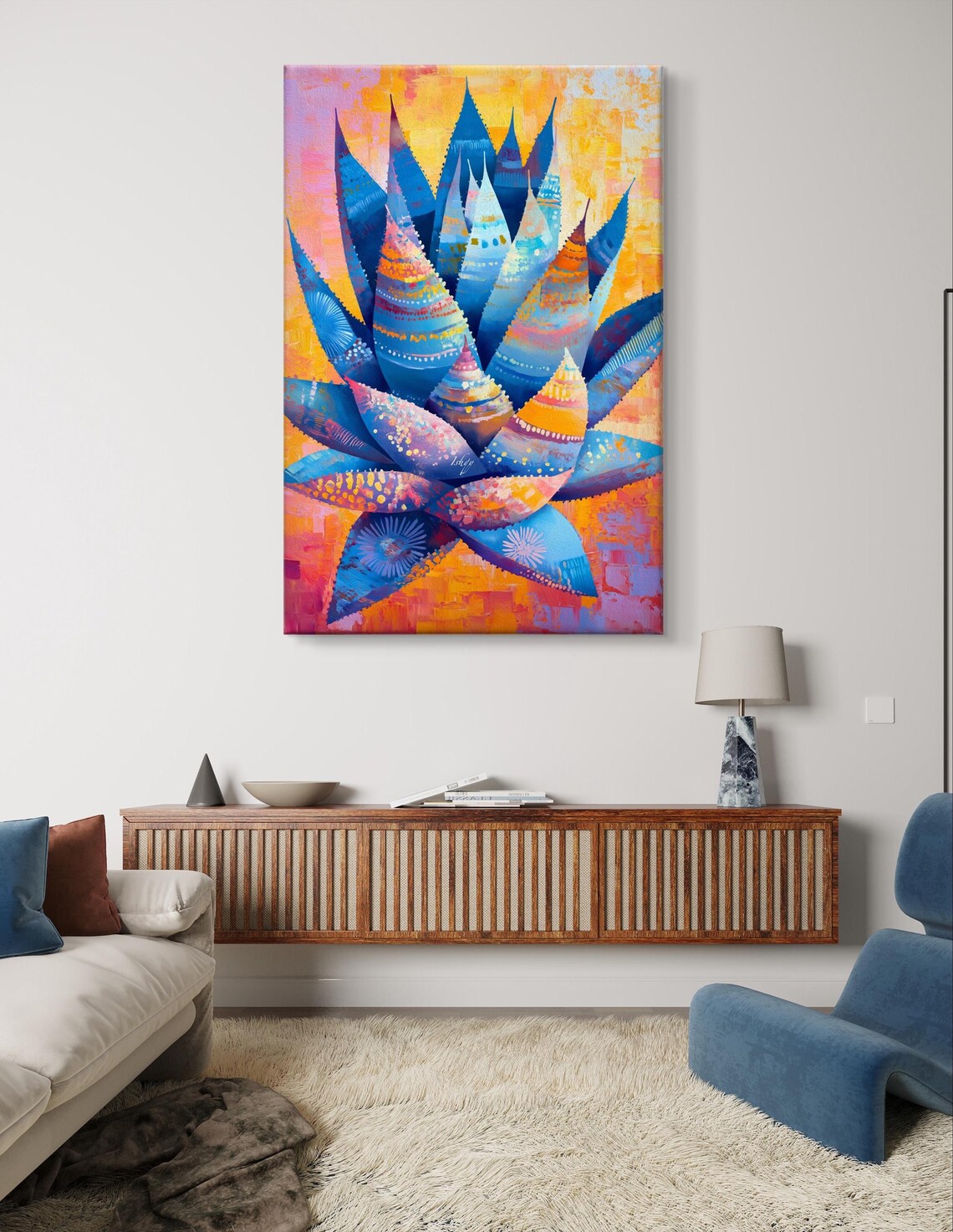 Decorative Blue Agave Colorful Folk Style Botanical Art Poster - Image 5