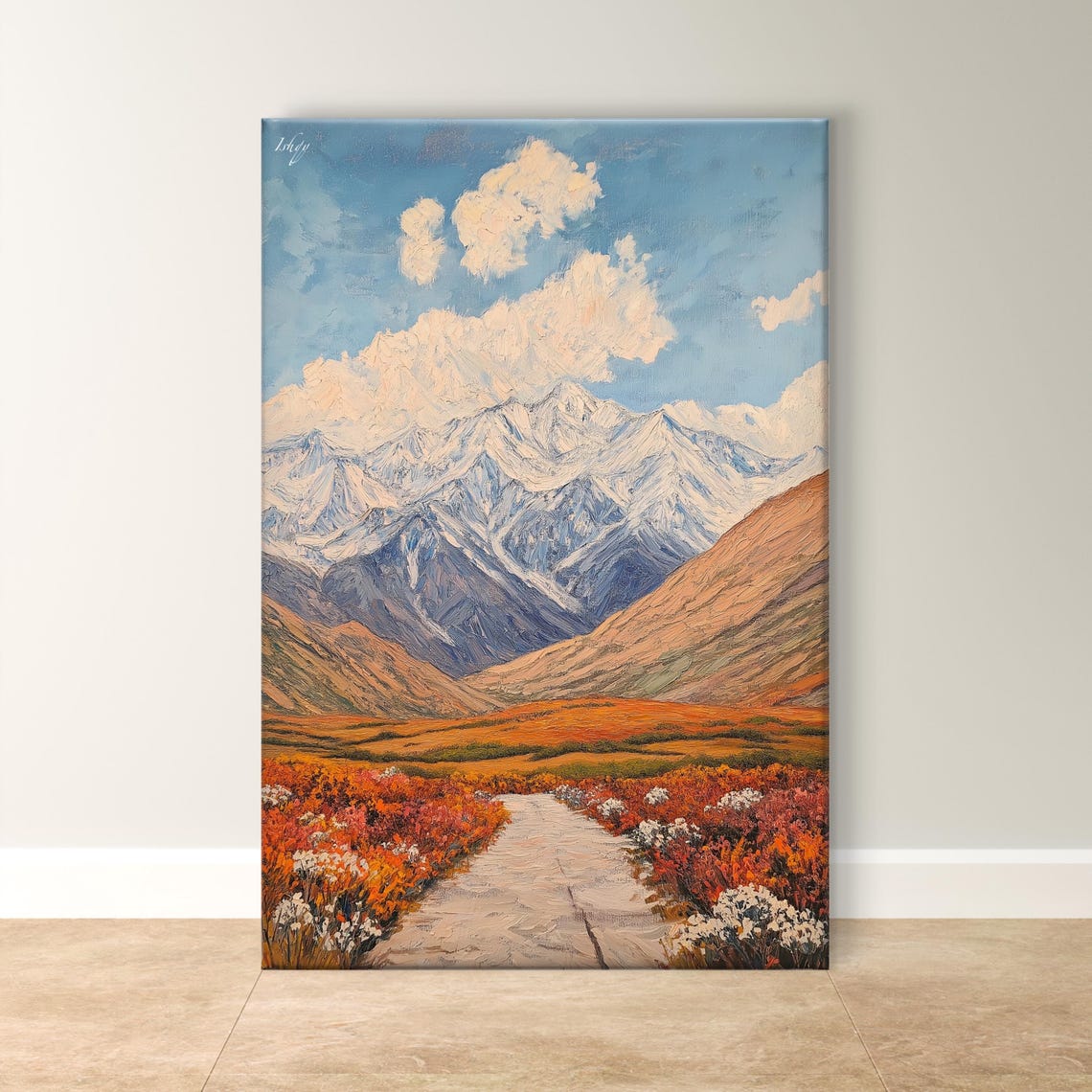 Snowy Mountain Peak Fiery Autumn Meadow Wildflower Path Poster