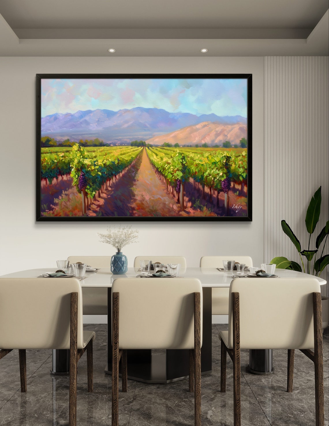 Vineyard Rows at Golden Hour with Mountain Backdrop Art Poster - Image 2