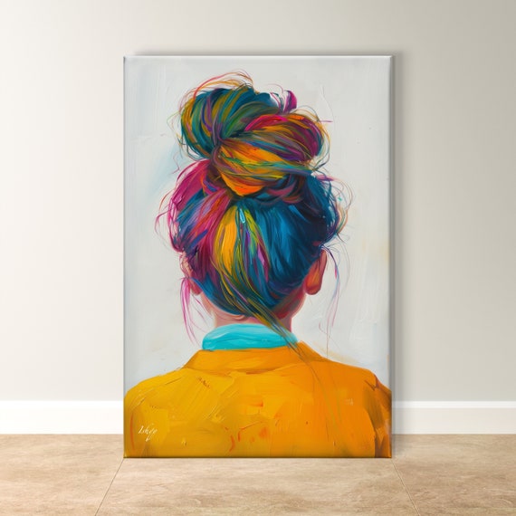 Colorful Hair Bun Art Vibrant Framed Modern Wall Decor Abstract Portrait Poster Fashion Home Gift Playful Living Room Art