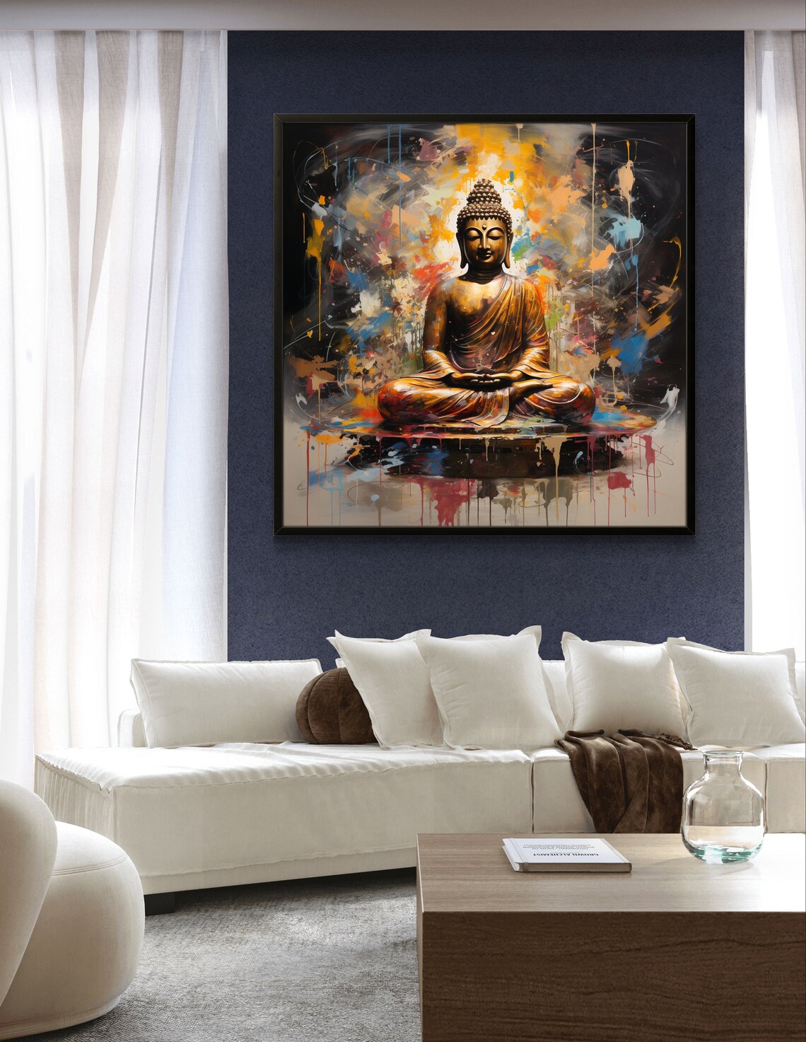 Golden Meditating Buddha Amid Vibrant Paint Splashes Spiritual Poster - Image 2
