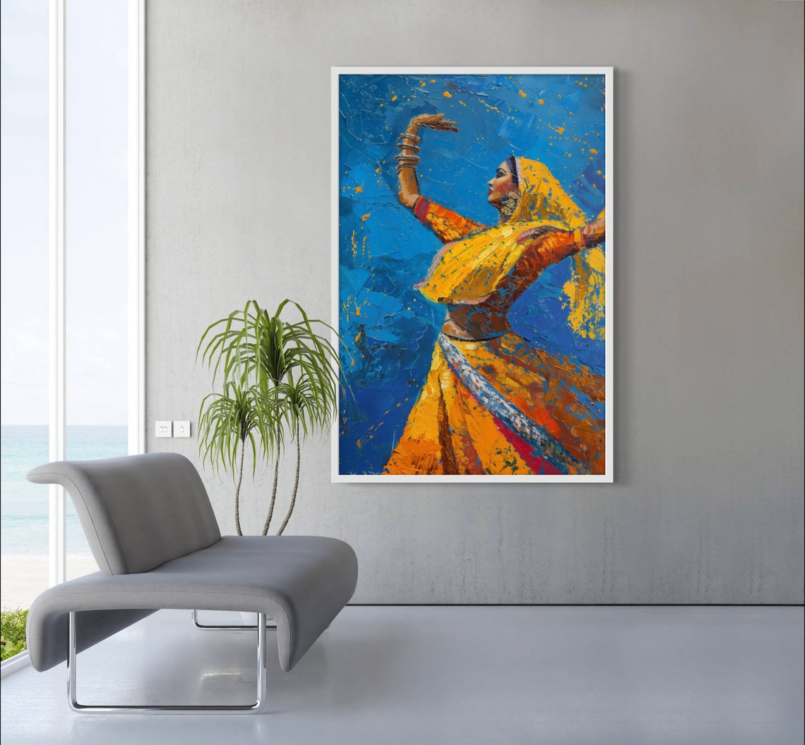 Rajasthani Dancer in Yellow Sari on Deep Blue Artwork Poster - Image 3