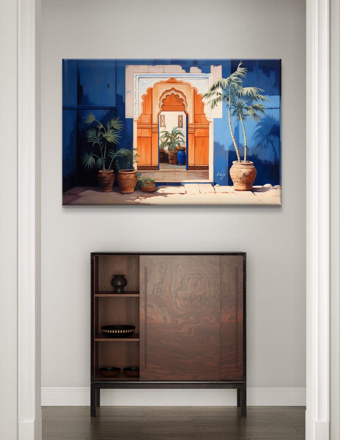 Blue Indian Haveli Wooden Door Clay Pots Courtyard Art Poster - Image 7