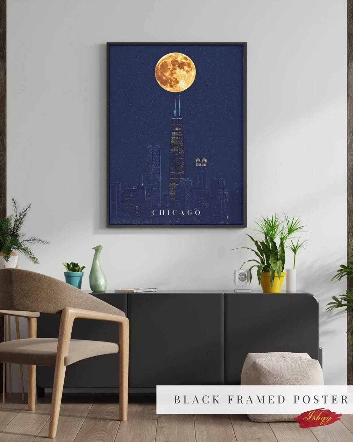 Chicago Skyline Night Full Moon Over Willis Tower City Poster - Image 4