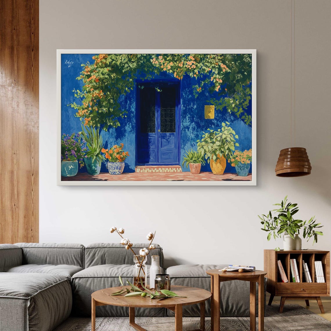Cobalt Blue Moroccan Doorway Framed by Flowers Painting Poster - Image 3