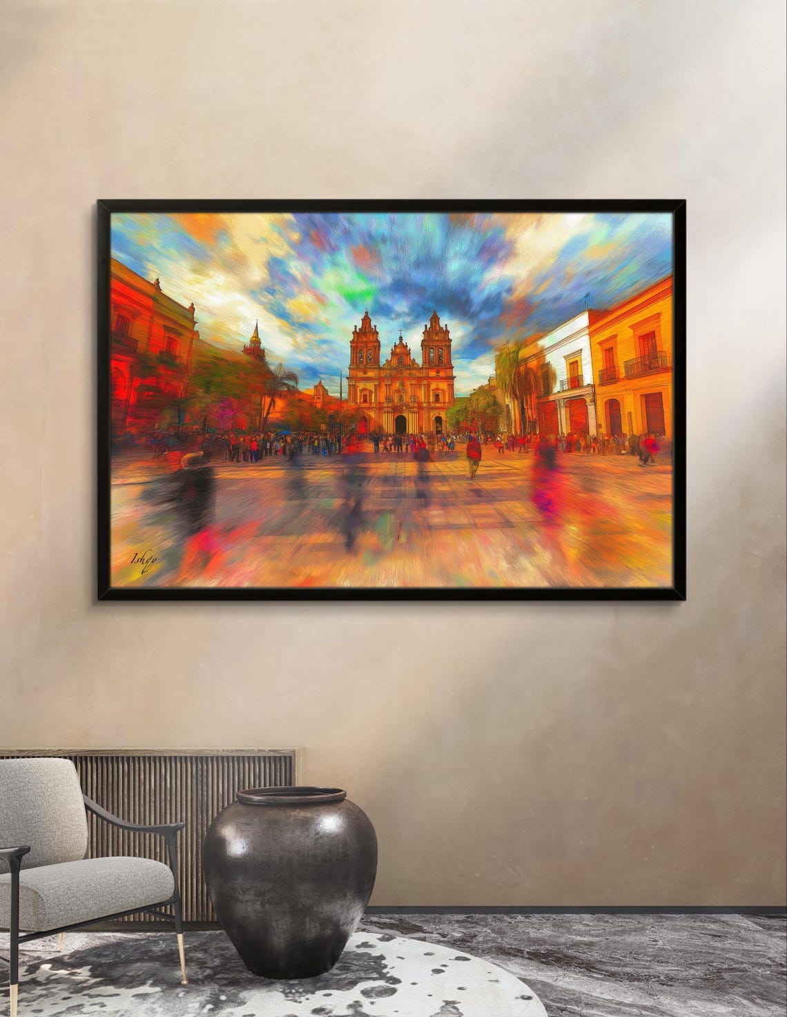 Jalostotitlan Plaza Cathedral Impressionist Sunset Crowd Poster - Image 2