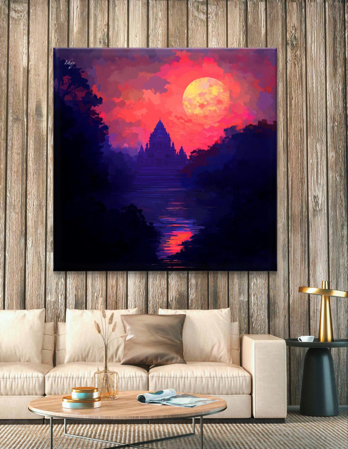 Ancient Temple Silhouette Beneath a Giant Pink Moon Night Poster - Image 3
