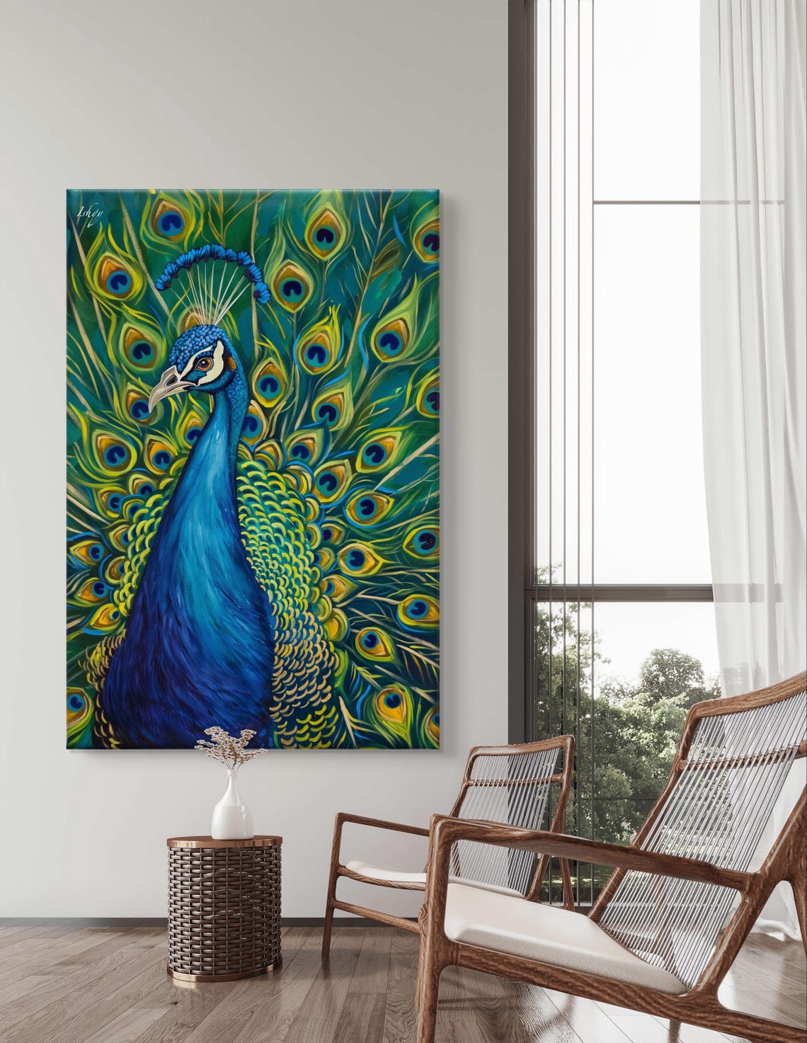 Peacock Portrait with Iridescent Feather Fan Painting Poster - Image 5