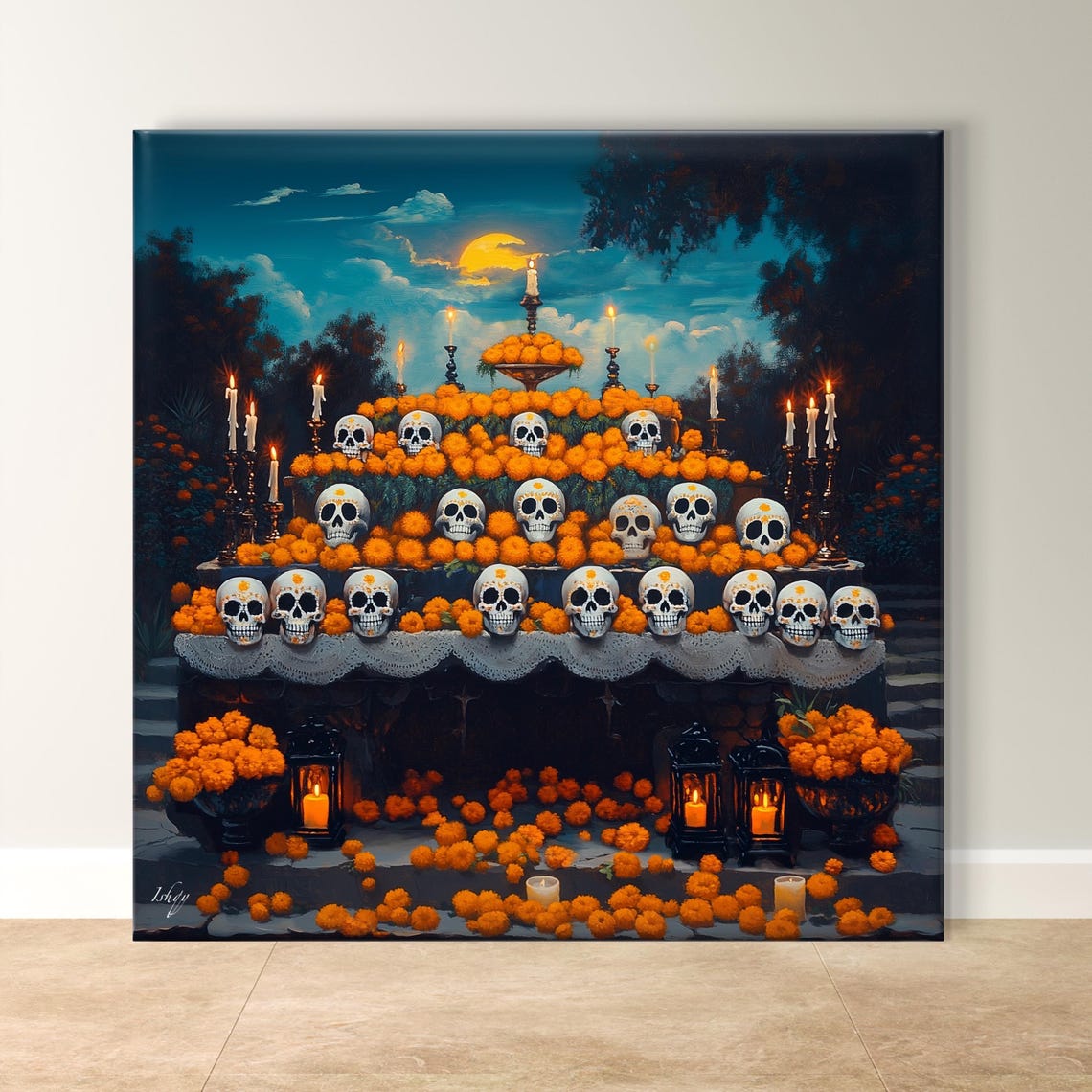 Dia de los Muertos Ofrenda Marigold Night Candlelight Poster