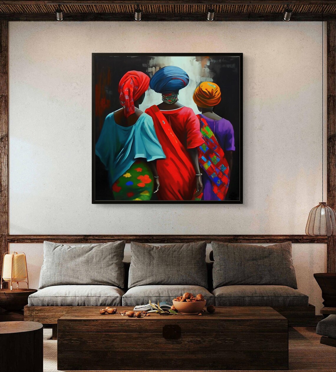 Three Women in Colorful Head Wraps Walking Together Art Poster - Image 3
