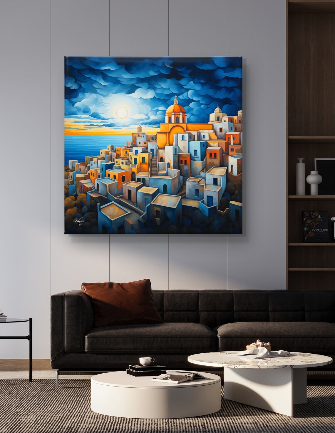 Greek Island Coastal Town at Sunset with Blue Domed Church Poster - Image 5