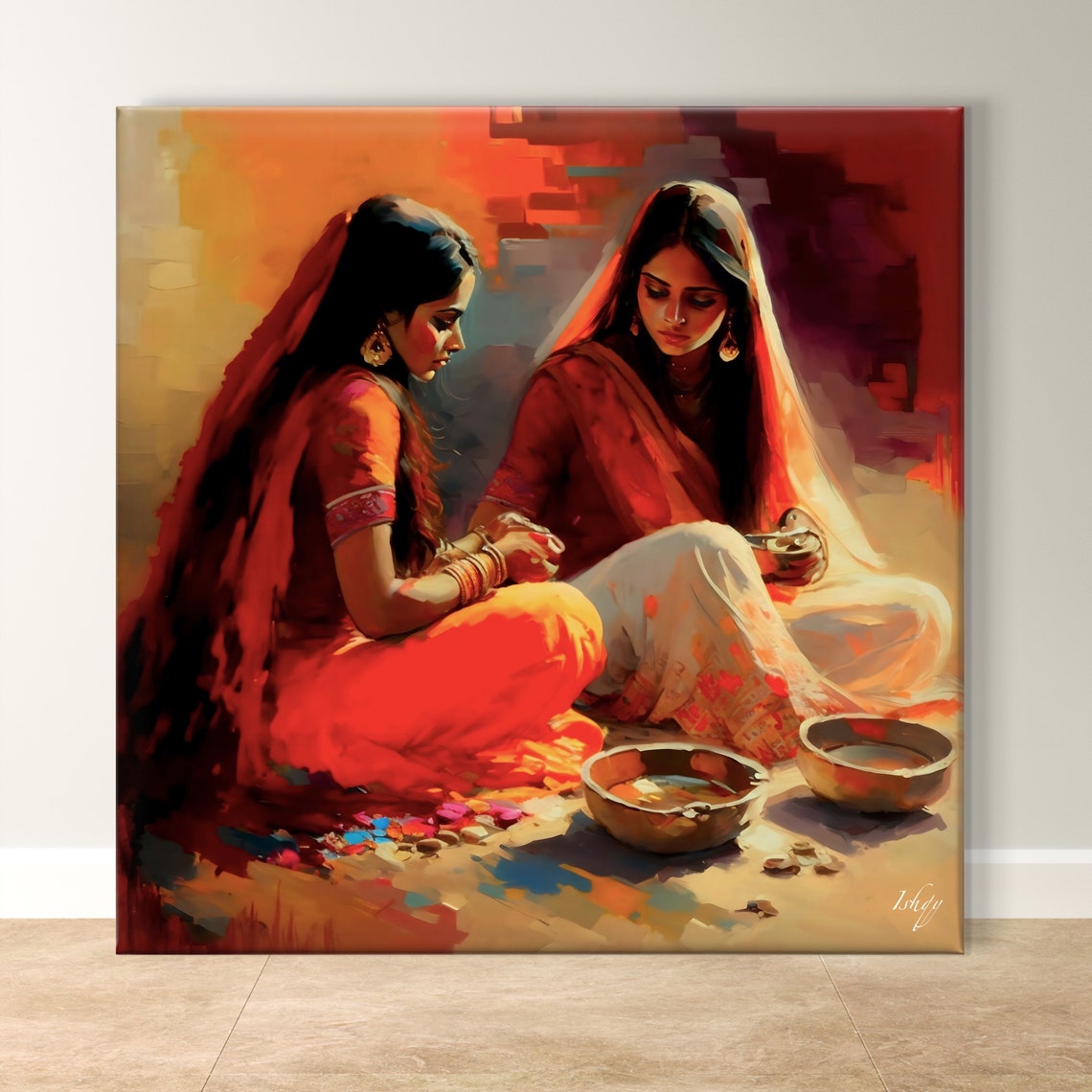Indian Women in Crimson Sarees With Brass Bowls Heritage Poster