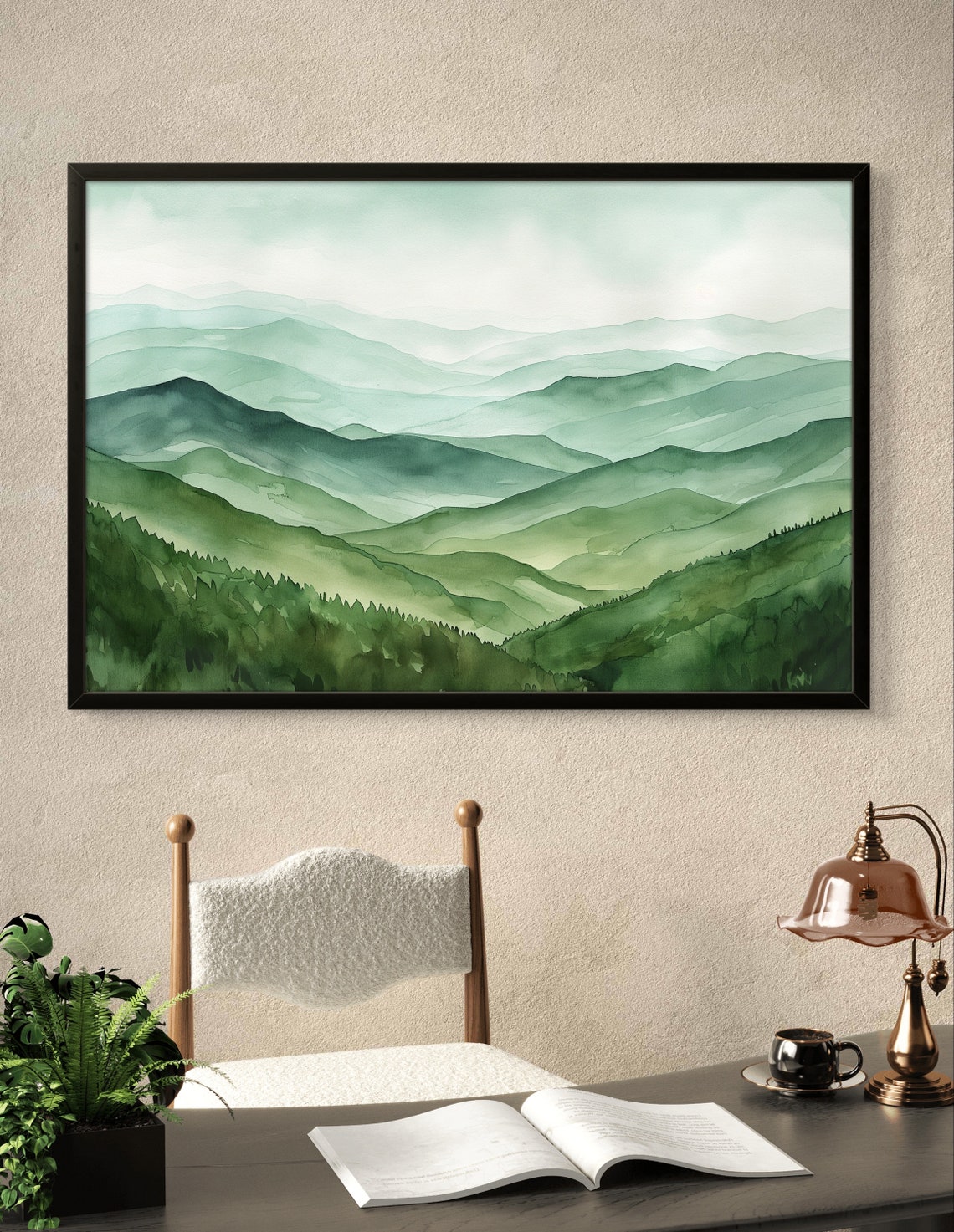 Mountain Landscape Art Misty Green Hills Nature Watercolor Print Scenic Wall Decor Tranquil Home Accent Relaxing Gift - Image 2