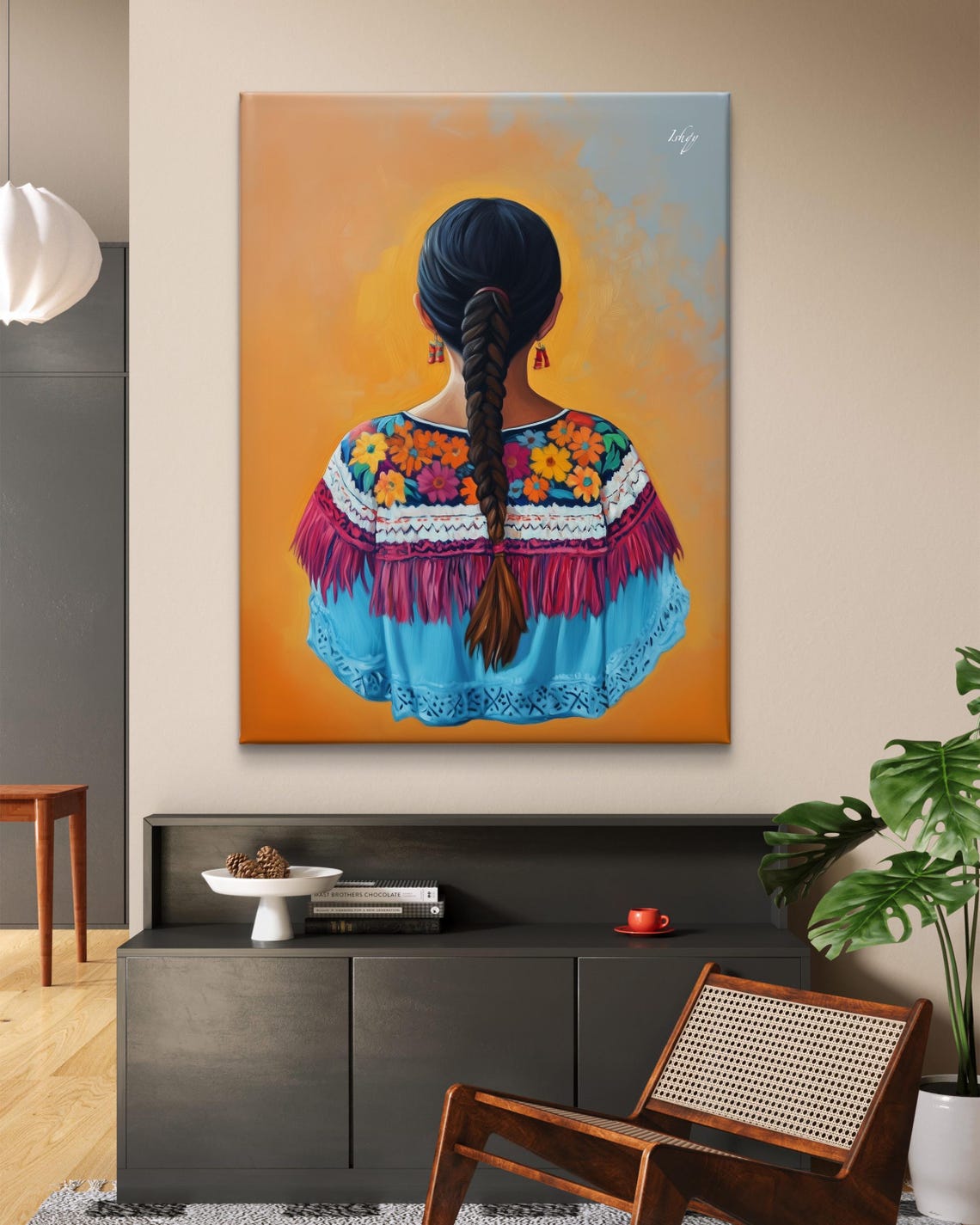 Oaxacan Woman in Colorful Embroidered Blouse Back View Poster - Image 6