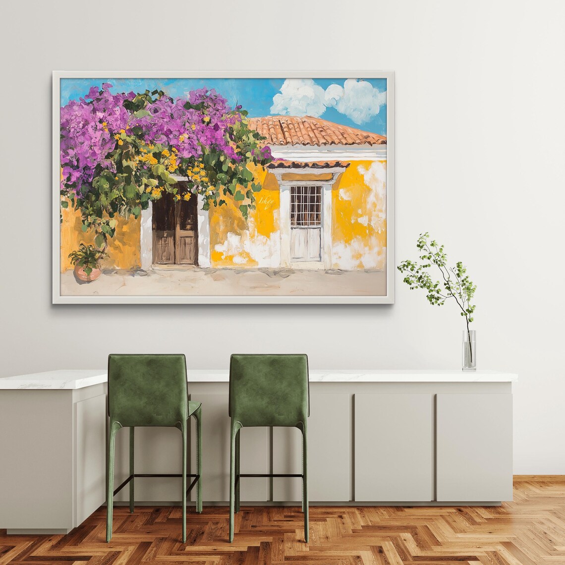 Yellow Colonial House Purple Bougainvillea Tropical Art Poster - Image 3