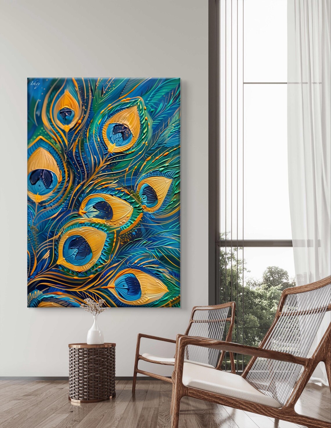 Peacock Feathers Electric Blue Gold Swirling Detail Art Poster - Image 6