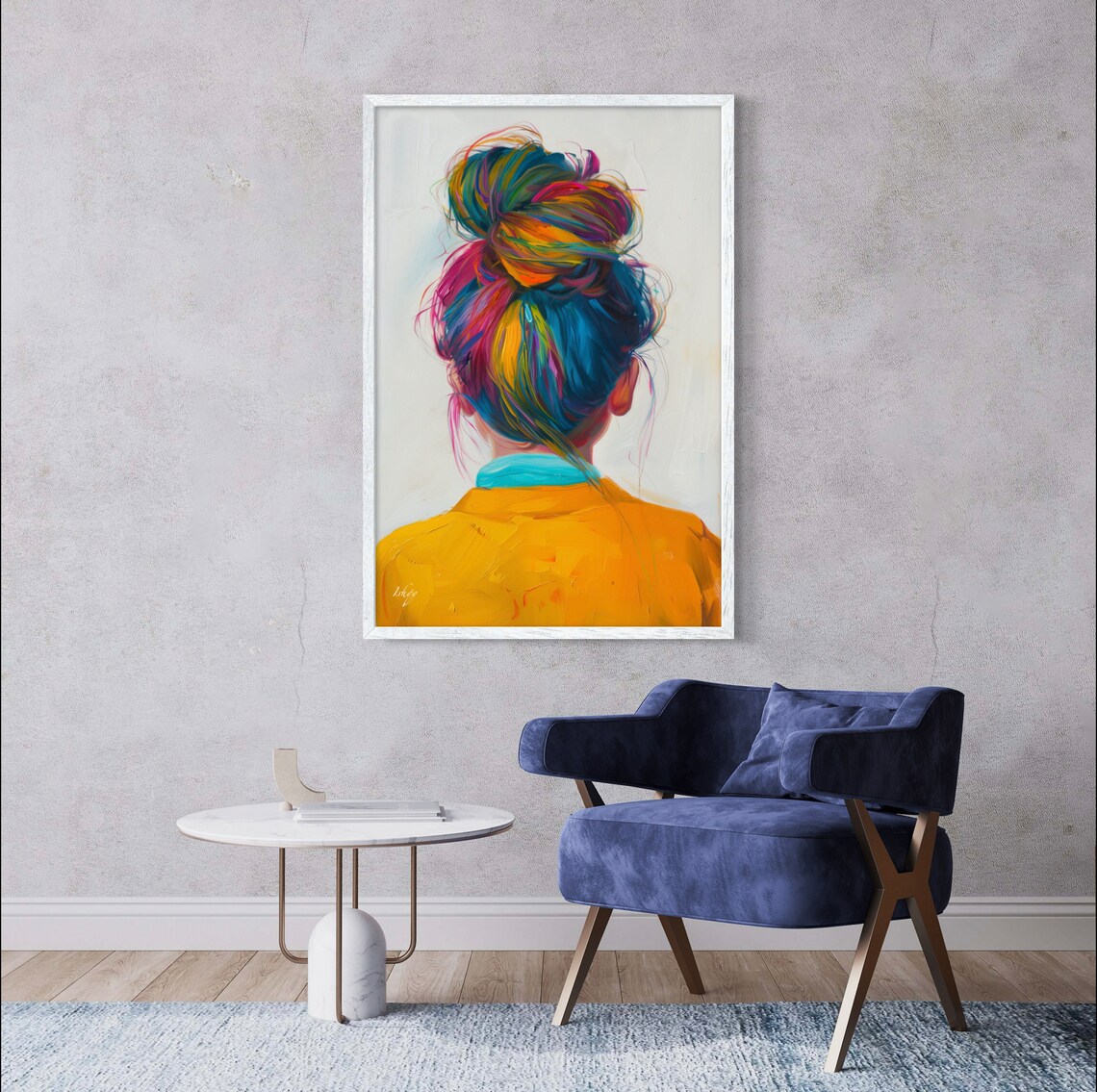 Woman Seen from Behind with Rainbow Colorful Hair Bun Art Poster - Image 3
