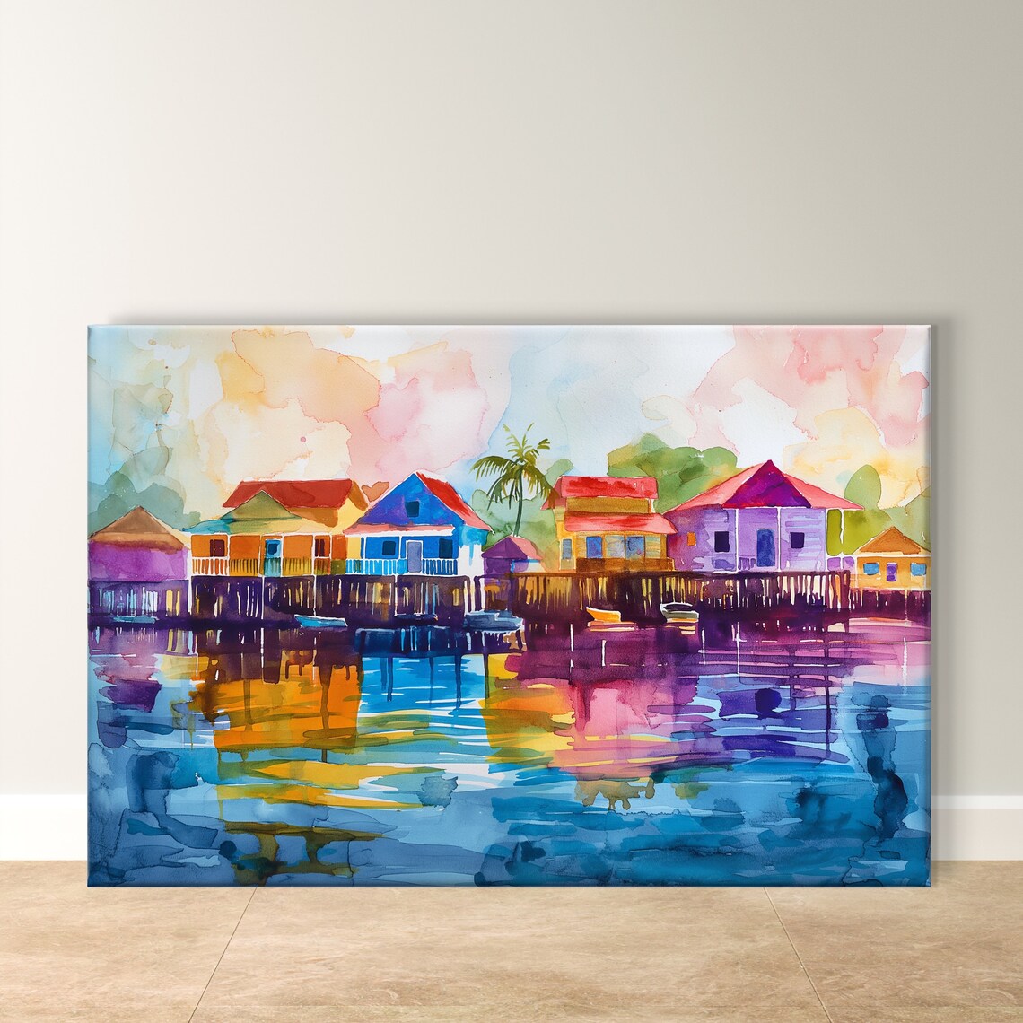San Pedro Belize Stilt Houses Watercolor Reflection Art Poster