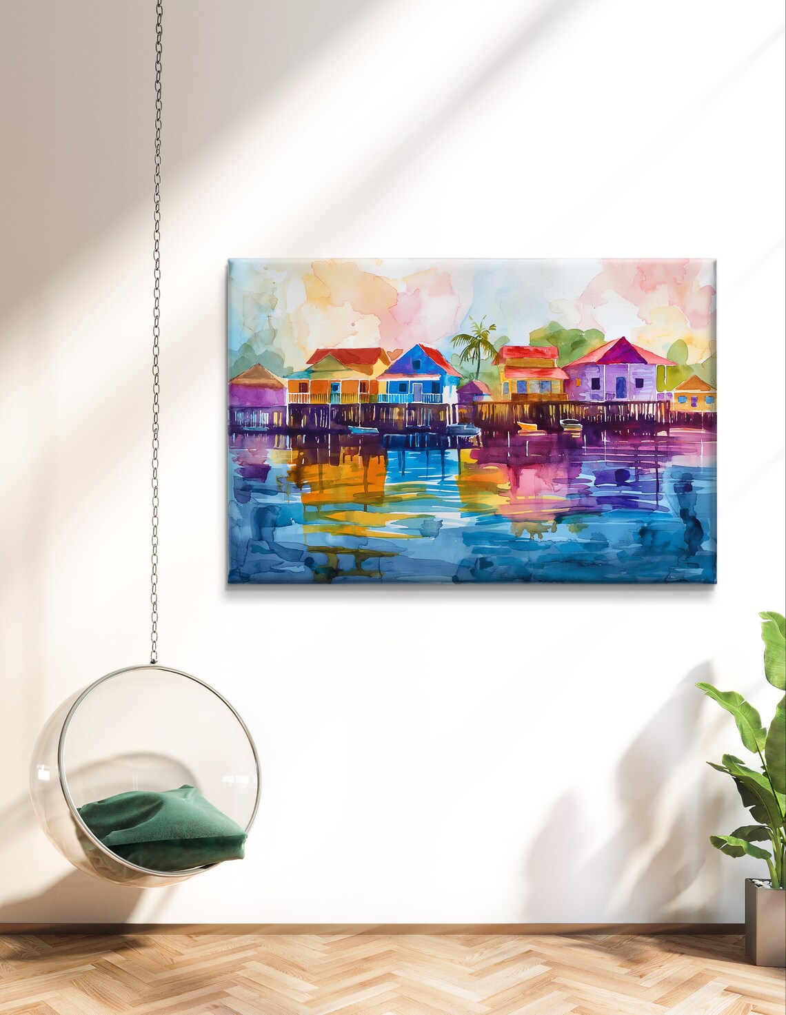 San Pedro Belize Stilt Houses Watercolor Reflection Art Poster - Image 4