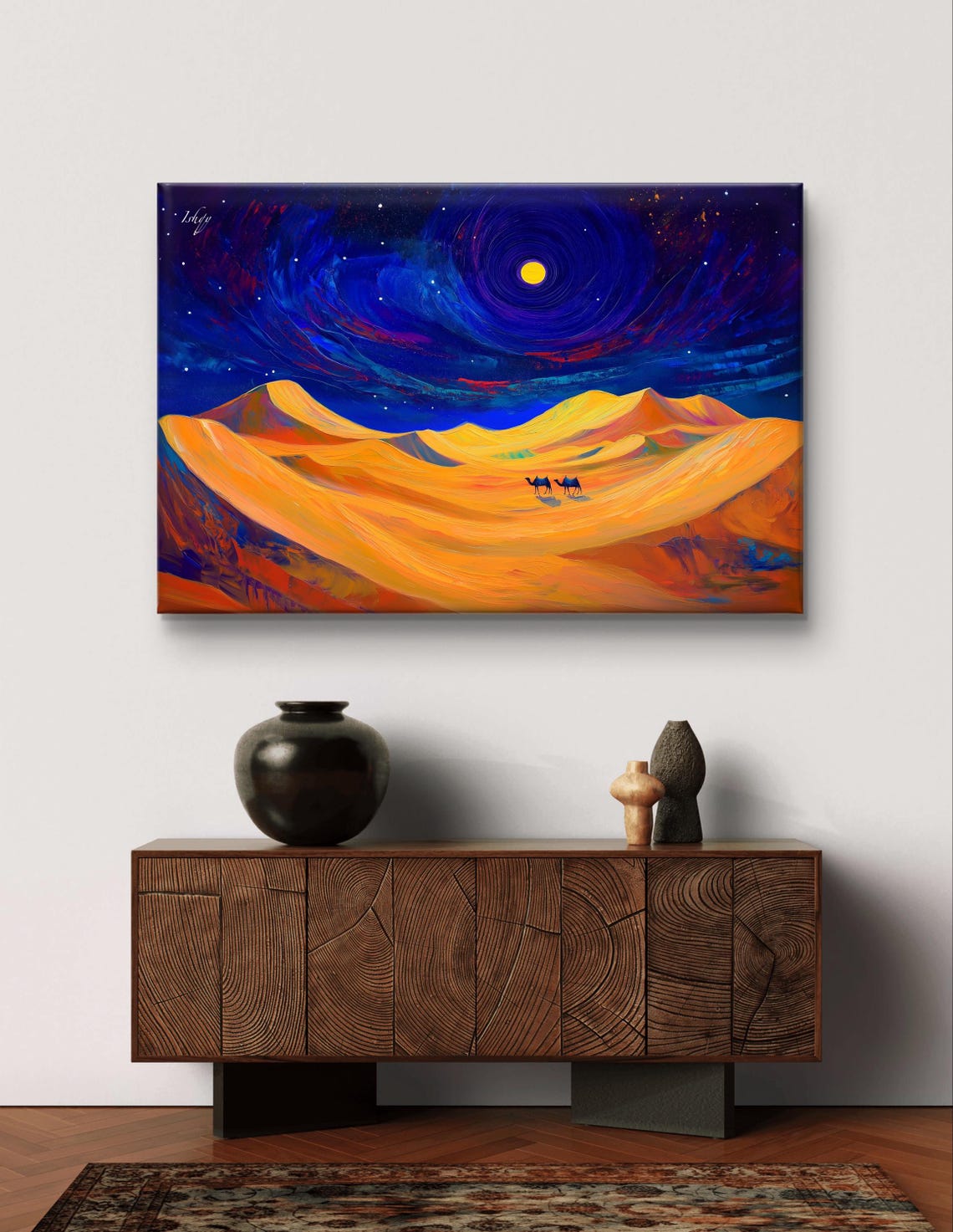 Desert Night Golden Dunes Camel Caravan Under Swirling Moon Sky Poster - Image 6