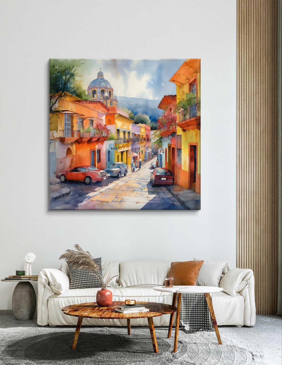 Jalisco Mexico Colorful Street with Church Dome Watercolor Poster - Image 5