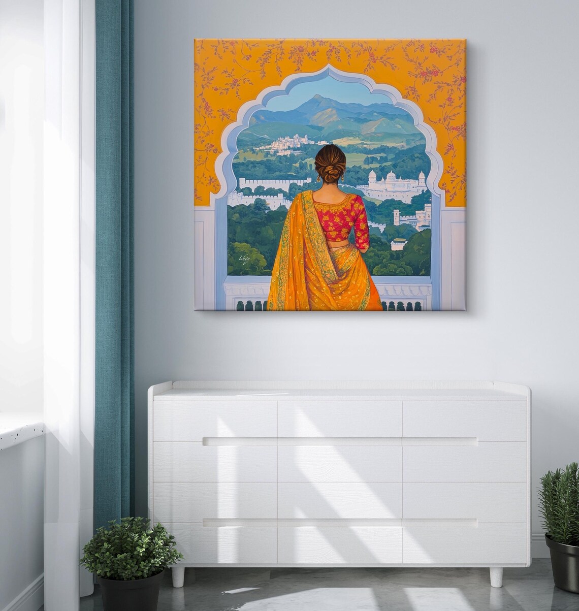 Woman at Palace Window Orange Saree India Royal View Art Poster - Image 6