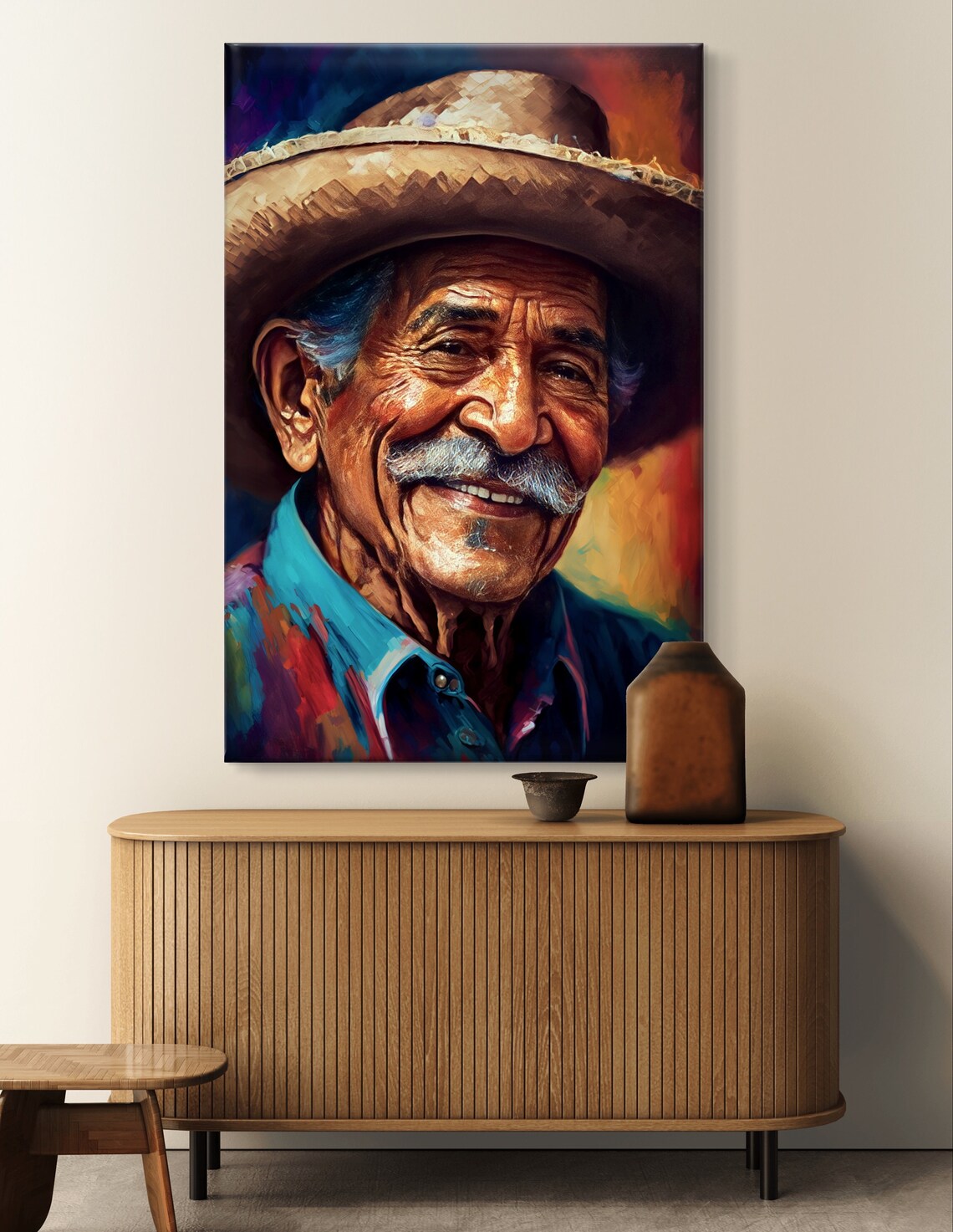 Smiling Elderly Mexican Man in Straw Sombrero Portrait Poster - Image 5
